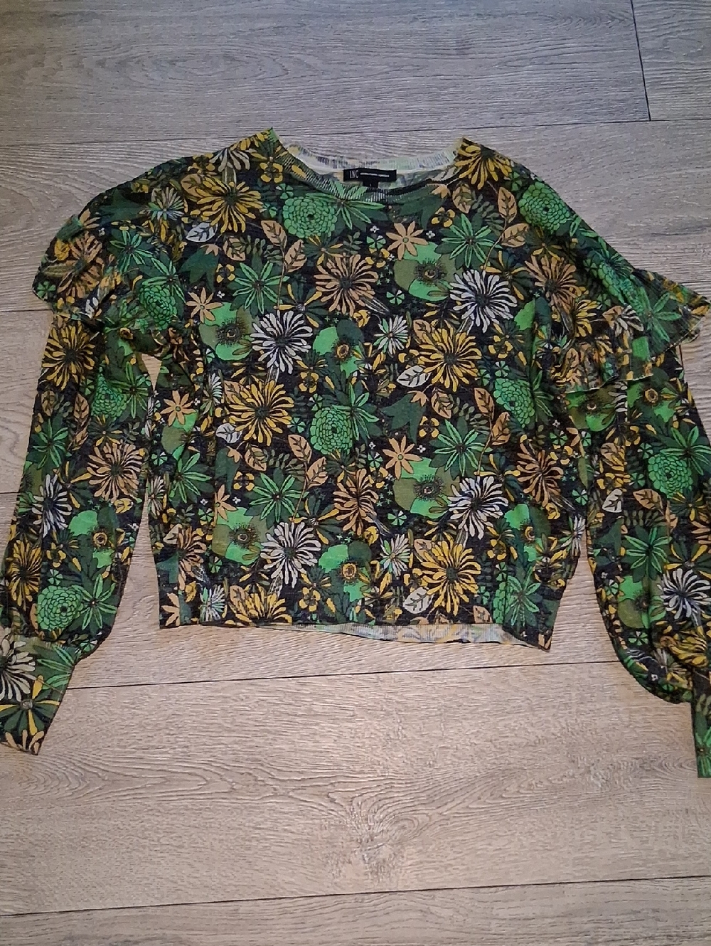 INC International Concepts Green and Yellow Floral Ruffle-Sleeve Blouse